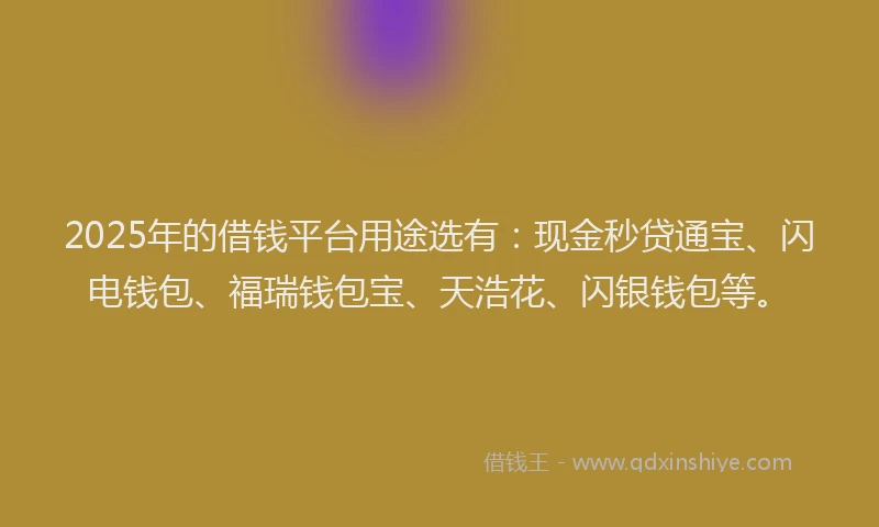 2025年的借钱平台用途选有：现金秒贷通宝、闪电钱包、福瑞钱包宝、天浩花、闪银钱包等。