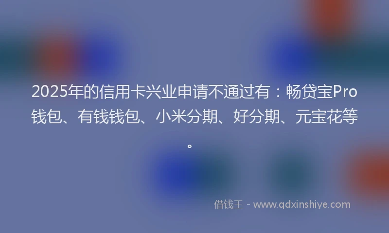 2025年的信用卡兴业申请不通过有：畅贷宝Pro钱包、有钱钱包、小米分期、好分期、元宝花等。