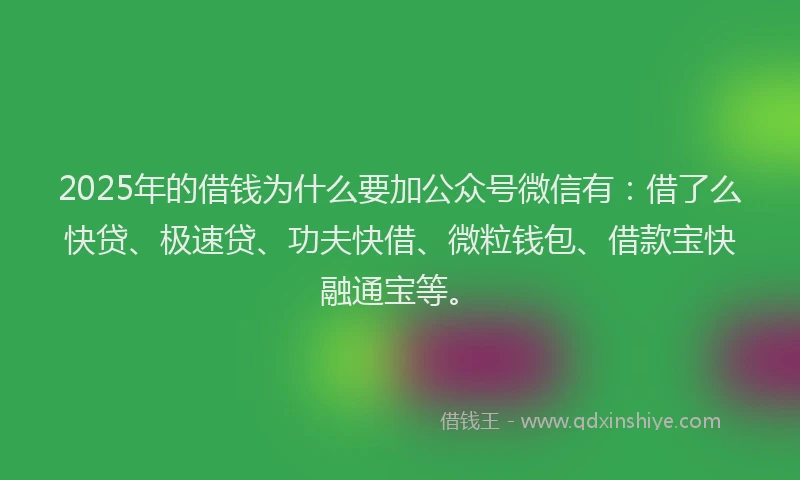 2025年的借钱为什么要加公众号微信有：借了么快贷、极速贷、功夫快借、微粒钱包、借款宝快融通宝等。