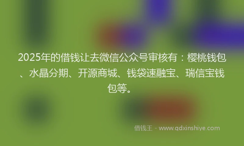 2025年的借钱让去微信公众号审核有：樱桃钱包、水晶分期、开源商城、钱袋速融宝、瑞信宝钱包等。