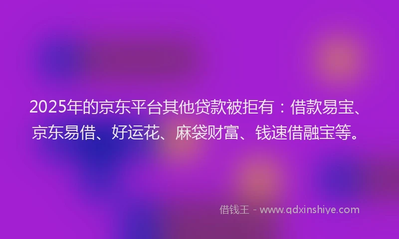 2025年的京东平台其他贷款被拒有：借款易宝、京东易借、好运花、麻袋财富、钱速借融宝等。