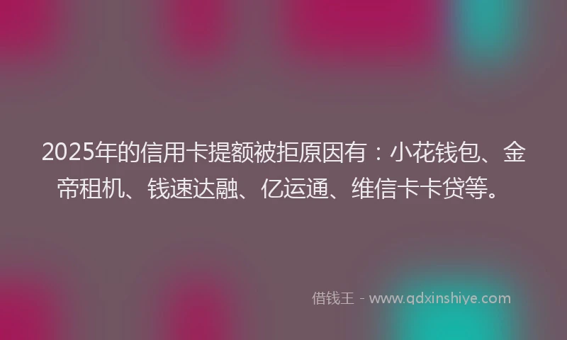 2025年的信用卡提额被拒原因有：小花钱包、金帝租机、钱速达融、亿运通、维信卡卡贷等。