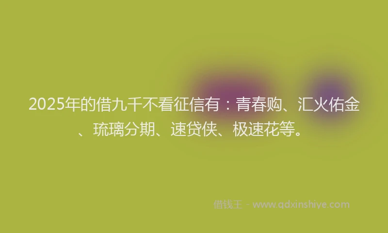 2025年的借九千不看征信有：青春购、汇火佑金、琉璃分期、速贷侠、极速花等。