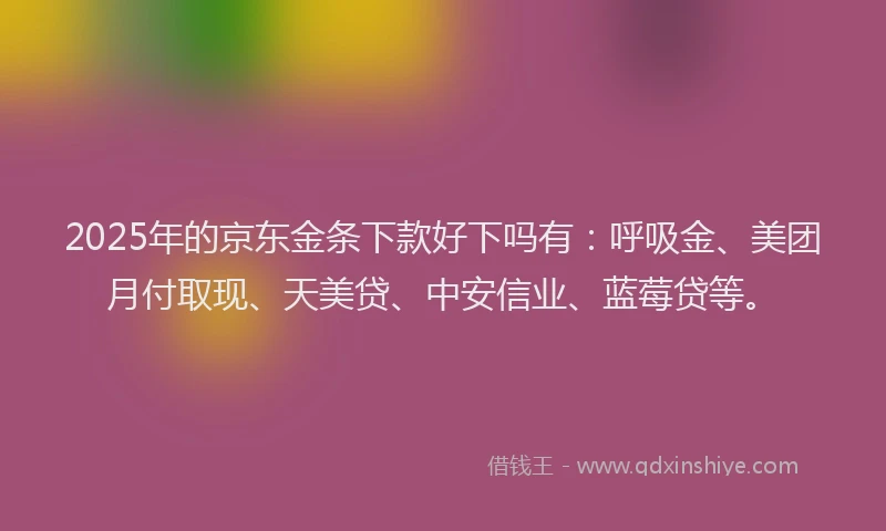 2025年的京东金条下款好下吗有：呼吸金、美团月付取现、天美贷、中安信业、蓝莓贷等。