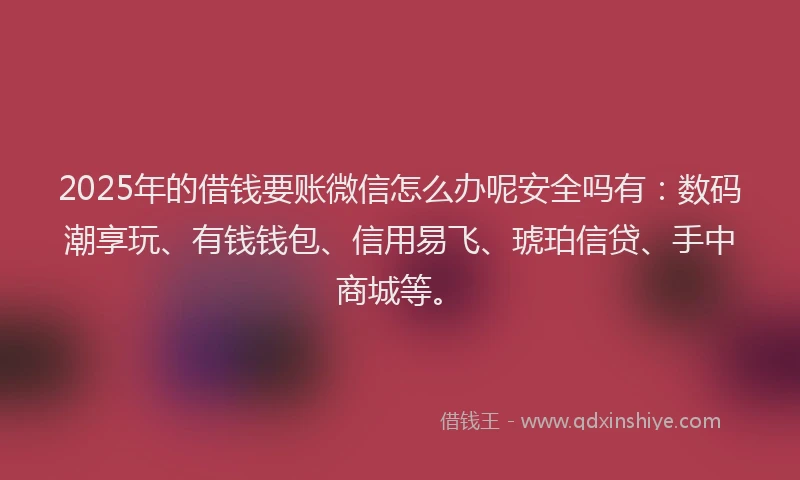 2025年的借钱要账微信怎么办呢安全吗有：数码潮享玩、有钱钱包、信用易飞、琥珀信贷、手中商城等。