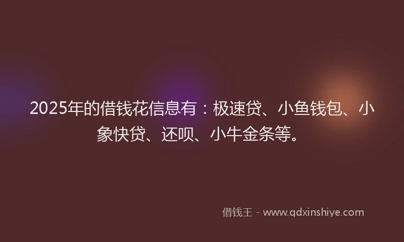 2025年的借钱花信息有：极速贷、小鱼钱包、小象快贷、还呗、小牛金条等。