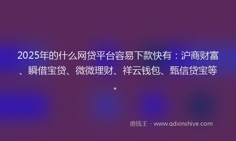 2025年的什么网贷平台容易下款快有：沪商财富、瞬借宝贷、微微理财、祥云钱包、甄信贷宝等。