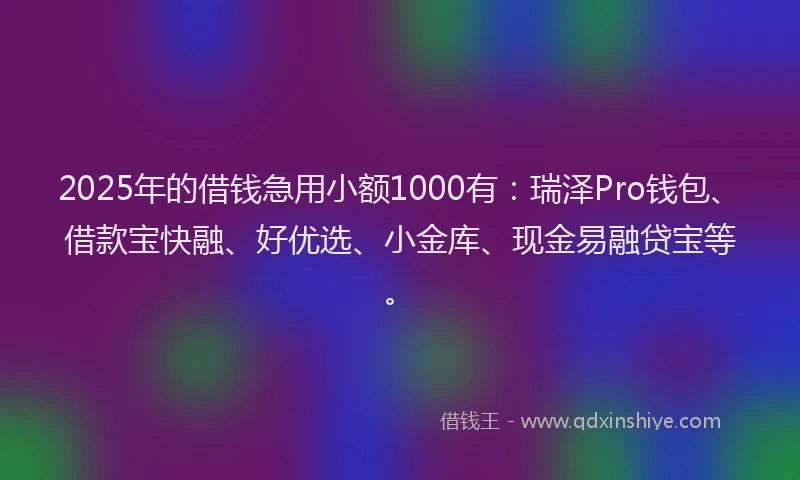 2025年的借钱急用小额1000有：瑞泽Pro钱包、借款宝快融、好优选、小金库、现金易融贷宝等。