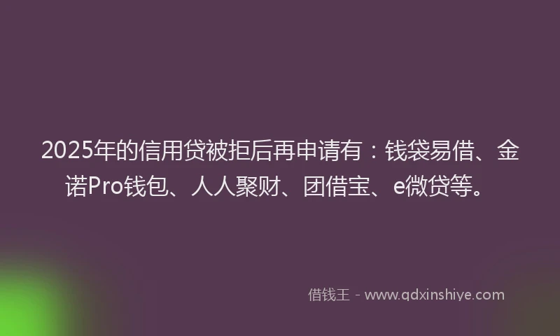 2025年的信用贷被拒后再申请有：钱袋易借、金诺Pro钱包、人人聚财、团借宝、e微贷等。