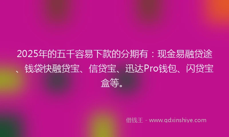 2025年的五千容易下款的分期有：现金易融贷途、钱袋快融贷宝、信贷宝、迅达Pro钱包、闪贷宝盒等。