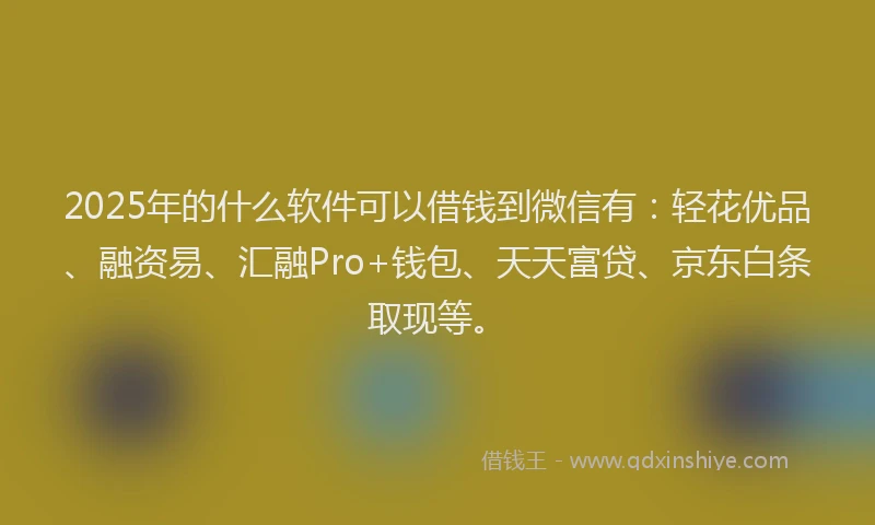2025年的什么软件可以借钱到微信有：轻花优品、融资易、汇融Pro+钱包、天天富贷、京东白条取现等。
