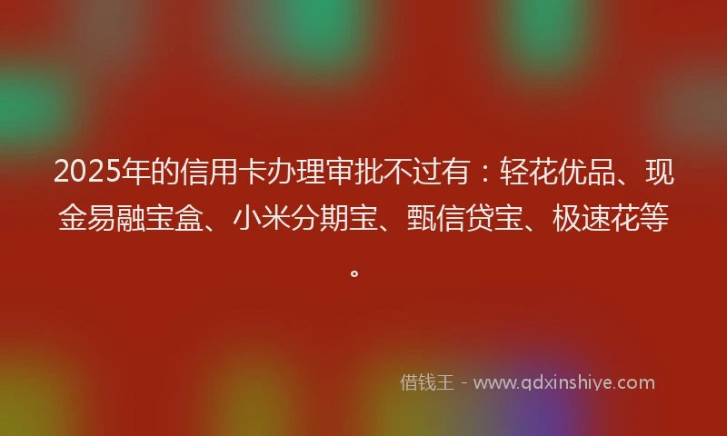 2025年的信用卡办理审批不过有：轻花优品、现金易融宝盒、小米分期宝、甄信贷宝、极速花等。
