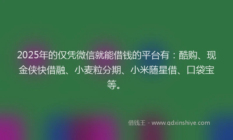 2025年的仅凭微信就能借钱的平台有：酷购、现金侠快借融、小麦粒分期、小米随星借、口袋宝等。