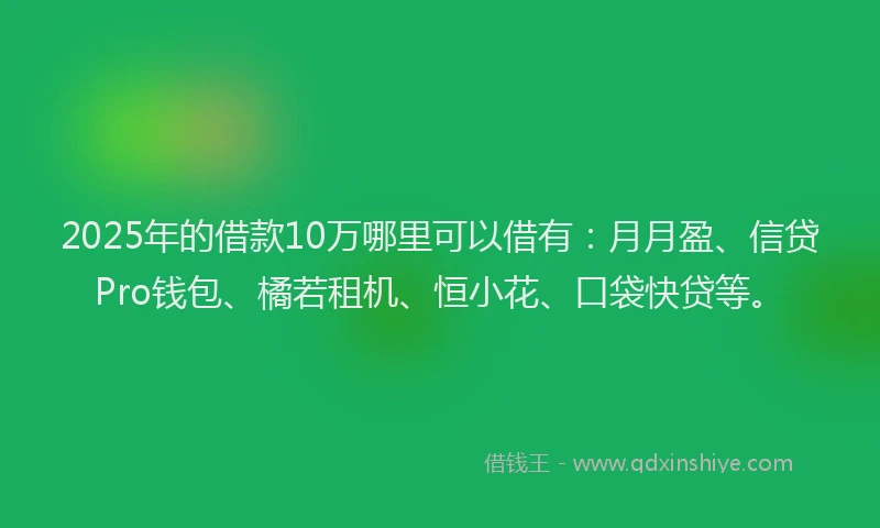 2025年的借款10万哪里可以借有：月月盈、信贷Pro钱包、橘若租机、恒小花、口袋快贷等。