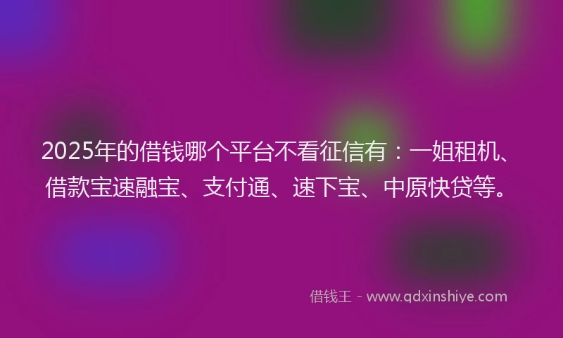 2025年的借钱哪个平台不看征信有：一姐租机、借款宝速融宝、支付通、速下宝、中原快贷等。