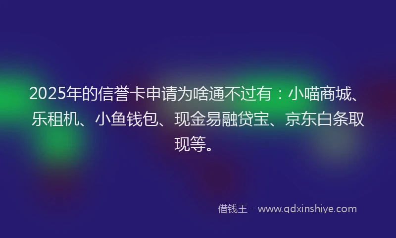 2025年的信誉卡申请为啥通不过有：小喵商城、乐租机、小鱼钱包、现金易融贷宝、京东白条取现等。