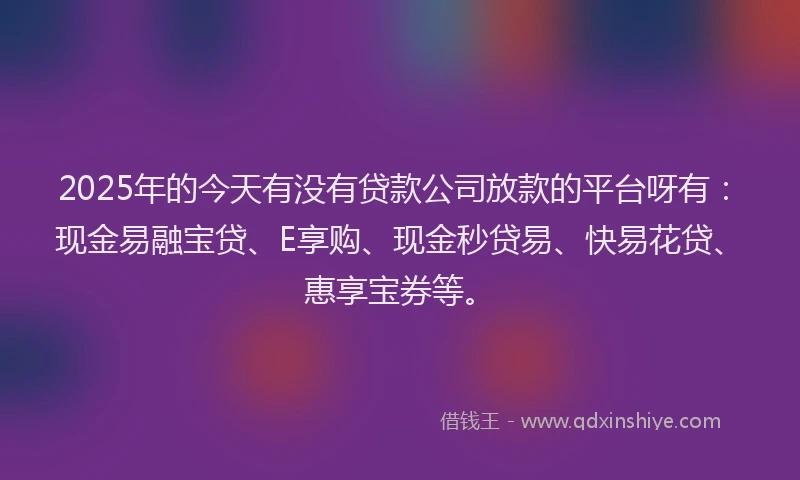 2025年的今天有没有贷款公司放款的平台呀有：现金易融宝贷、E享购、现金秒贷易、快易花贷、惠享宝券等。