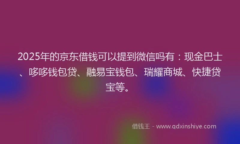 2025年的京东借钱可以提到微信吗有：现金巴士、哆哆钱包贷、融易宝钱包、瑞耀商城、快捷贷宝等。