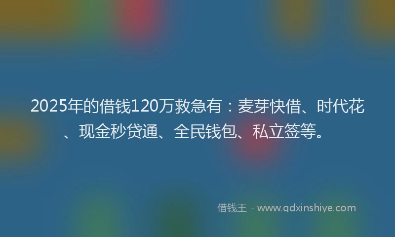 2025年的借钱120万救急有：麦芽快借、时代花、现金秒贷通、全民钱包、私立签等。