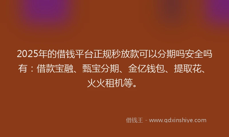 2025年的借钱平台正规秒放款可以分期吗安全吗有：借款宝融、甄宝分期、金亿钱包、提取花、火火租机等。