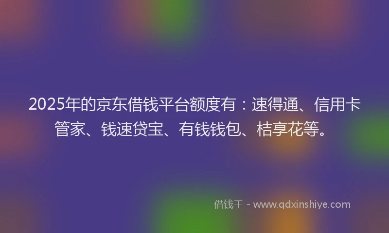 2025年的京东借钱平台额度有：速得通、信用卡管家、钱速贷宝、有钱钱包、桔享花等。