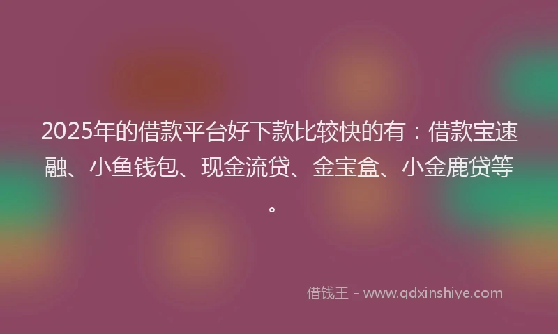 2025年的借款平台好下款比较快的有：借款宝速融、小鱼钱包、现金流贷、金宝盒、小金鹿贷等。
