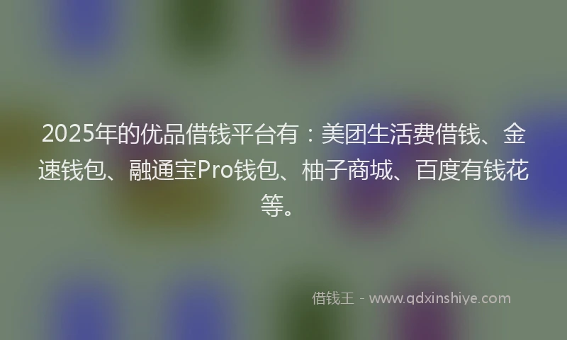 2025年的优品借钱平台有：美团生活费借钱、金速钱包、融通宝Pro钱包、柚子商城、百度有钱花等。