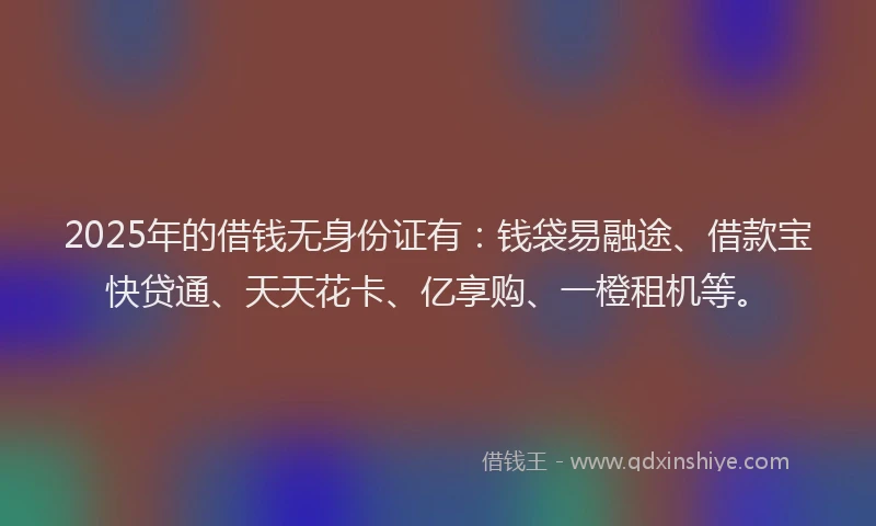 2025年的借钱无身份证有：钱袋易融途、借款宝快贷通、天天花卡、亿享购、一橙租机等。