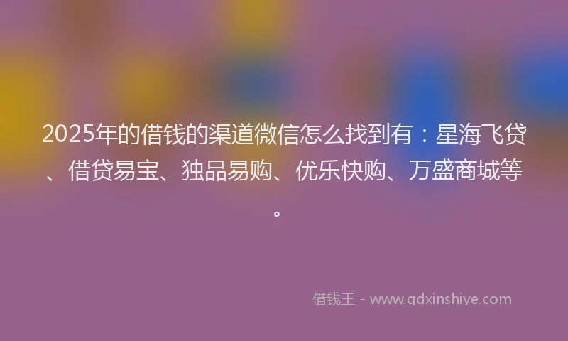 2025年的借钱的渠道微信怎么找到有：星海飞贷、借贷易宝、独品易购、优乐快购、万盛商城等。