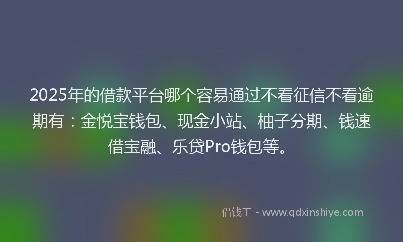 2025年的借款平台哪个容易通过不看征信不看逾期有：金悦宝钱包、现金小站、柚子分期、钱速借宝融、乐贷Pro钱包等。