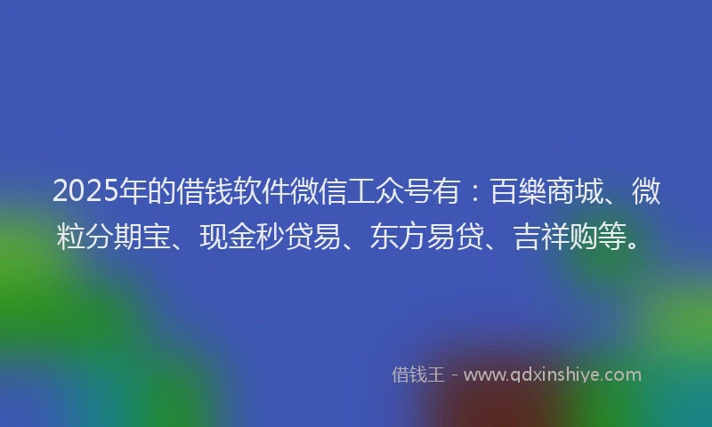 2025年的借钱软件微信工众号有：百樂商城、微粒分期宝、现金秒贷易、东方易贷、吉祥购等。