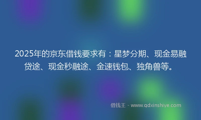 2025年的京东借钱要求有：星梦分期、现金易融贷途、现金秒融途、金速钱包、独角兽等。