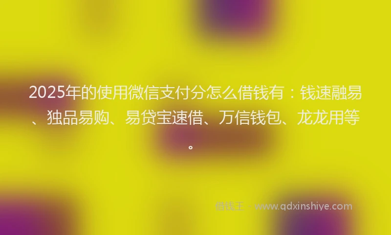 2025年的使用微信支付分怎么借钱有：钱速融易、独品易购、易贷宝速借、万信钱包、龙龙用等。
