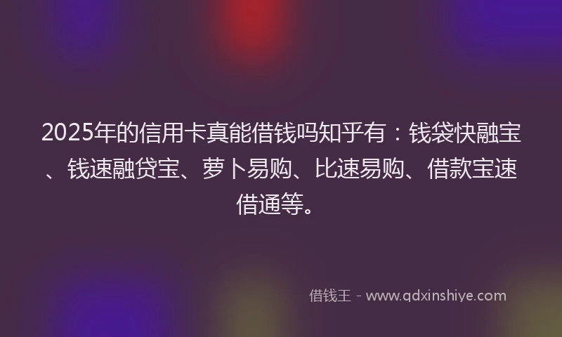 2025年的信用卡真能借钱吗知乎有：钱袋快融宝、钱速融贷宝、萝卜易购、比速易购、借款宝速借通等。