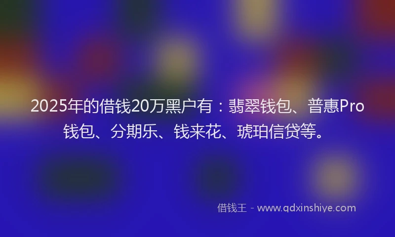 2025年的借钱20万黑户有：翡翠钱包、普惠Pro钱包、分期乐、钱来花、琥珀信贷等。