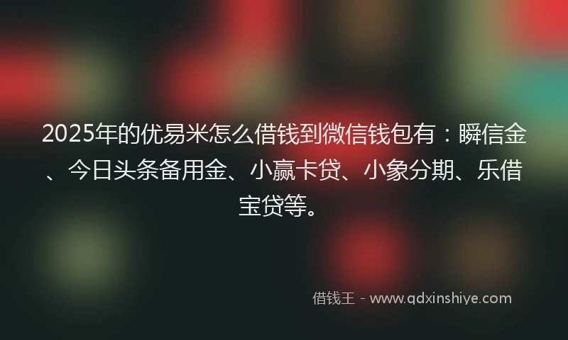 2025年的优易米怎么借钱到微信钱包有：瞬信金、今日头条备用金、小赢卡贷、小象分期、乐借宝贷等。
