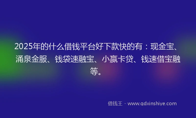 2025年的什么借钱平台好下款快的有：现金宝、涌泉金服、钱袋速融宝、小赢卡贷、钱速借宝融等。