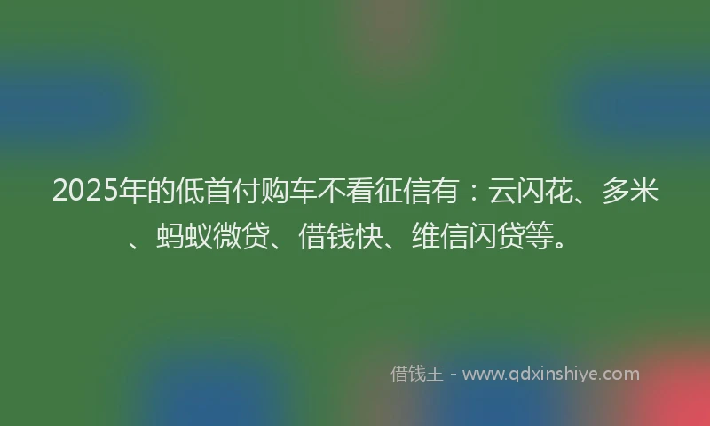 2025年的低首付购车不看征信有：云闪花、多米、蚂蚁微贷、借钱快、维信闪贷等。