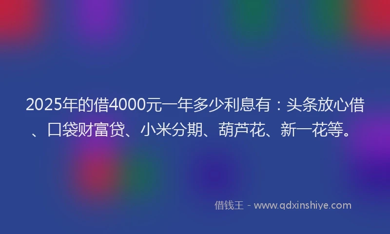 2025年的借4000元一年多少利息有：头条放心借、口袋财富贷、小米分期、葫芦花、新一花等。