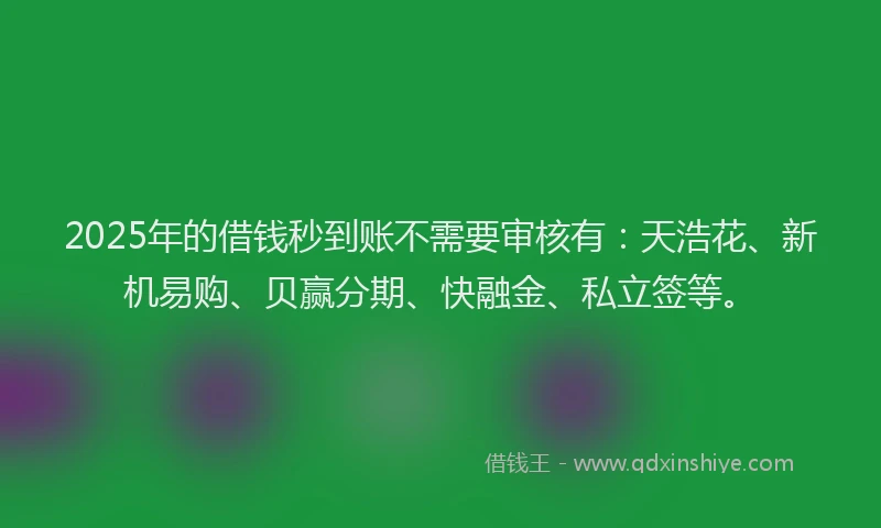 2025年的借钱秒到账不需要审核有：天浩花、新机易购、贝赢分期、快融金、私立签等。