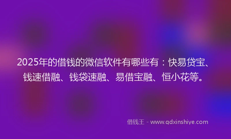 2025年的借钱的微信软件有哪些有：快易贷宝、钱速借融、钱袋速融、易借宝融、恒小花等。