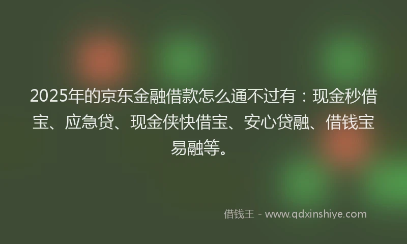 2025年的京东金融借款怎么通不过有：现金秒借宝、应急贷、现金侠快借宝、安心贷融、借钱宝易融等。
