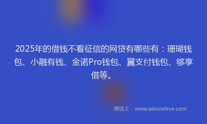 2025年的借钱不看征信的网贷有哪些有：珊瑚钱包、小融有钱、金诺Pro钱包、翼支付钱包、够享借等。