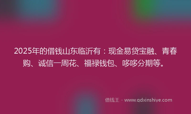 2025年的借钱山东临沂有：现金易贷宝融、青春购、诚信一周花、福禄钱包、哆哆分期等。