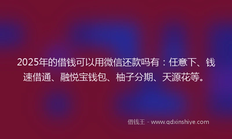 2025年的借钱可以用微信还款吗有：任意下、钱速借通、融悦宝钱包、柚子分期、天源花等。