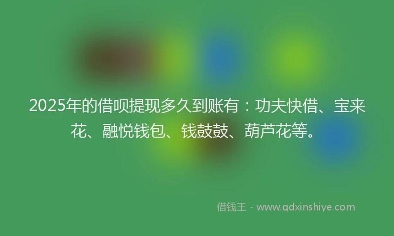 2025年的借呗提现多久到账有：功夫快借、宝来花、融悦钱包、钱鼓鼓、葫芦花等。