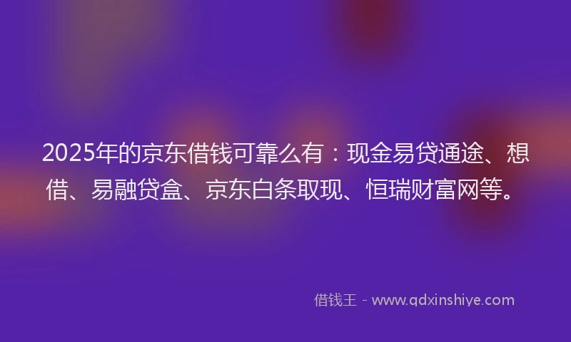 2025年的京东借钱可靠么有：现金易贷通途、想借、易融贷盒、京东白条取现、恒瑞财富网等。