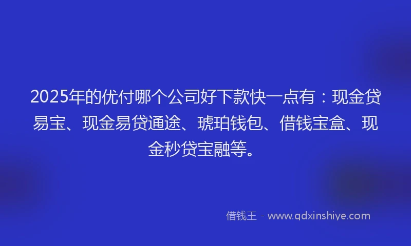 2025年的优付哪个公司好下款快一点有：现金贷易宝、现金易贷通途、琥珀钱包、借钱宝盒、现金秒贷宝融等。