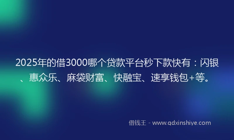2025年的借3000哪个贷款平台秒下款快有：闪银、惠众乐、麻袋财富、快融宝、速享钱包+等。