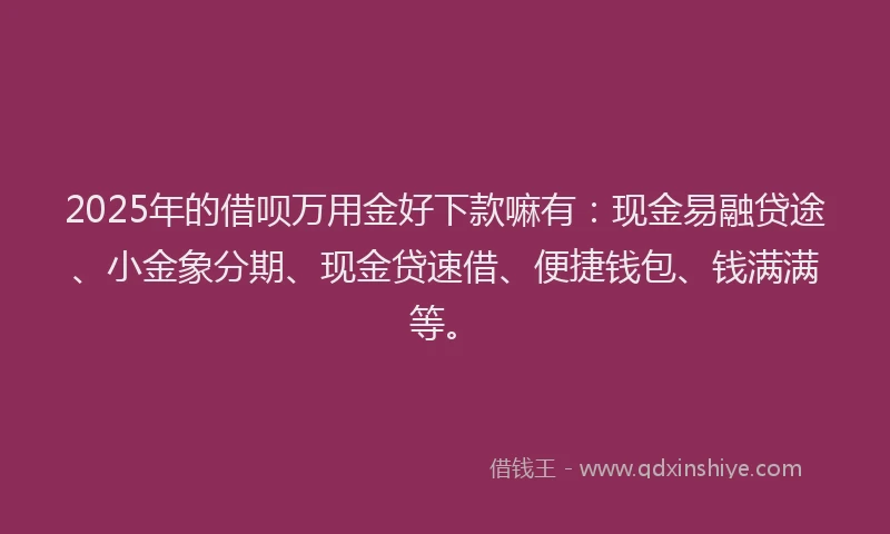 2025年的借呗万用金好下款嘛有：现金易融贷途、小金象分期、现金贷速借、便捷钱包、钱满满等。